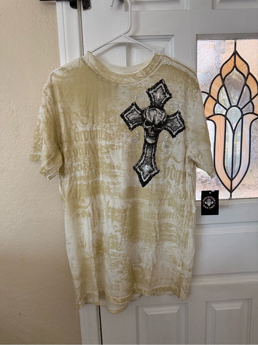 Affliction Large Men's Short Sleeve Cross Graphic Tee in Beige